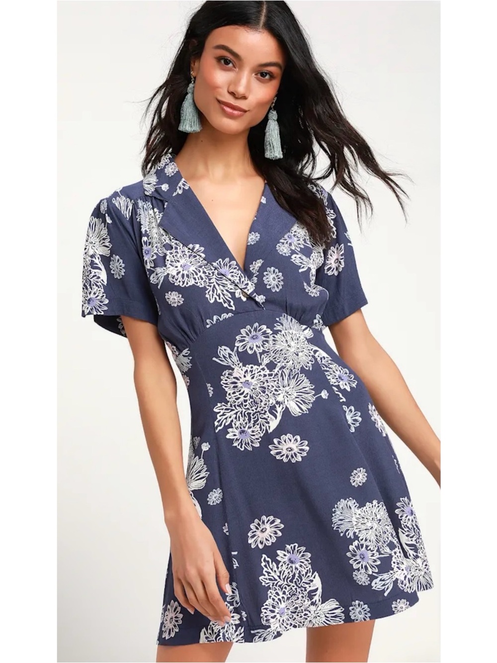 Free People Blue Hawaii Floral Short Sleeves Dress size S
